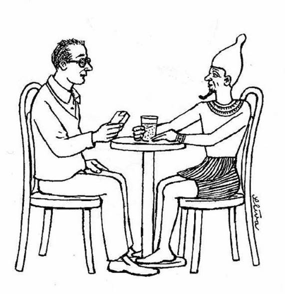 A black and white drawing of two men sitting at a table

Description automatically generated